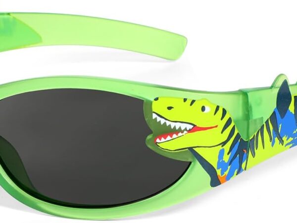 Dinosaur-themed sunglasses (ages 3–10); stylish design; suitable for vacations, beach trips, outdoor activities, and summer sports; UV protection