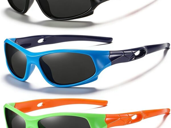 3-Pack flexible polarized sunglasses for boys (includes strap); suitable for ages 3–10