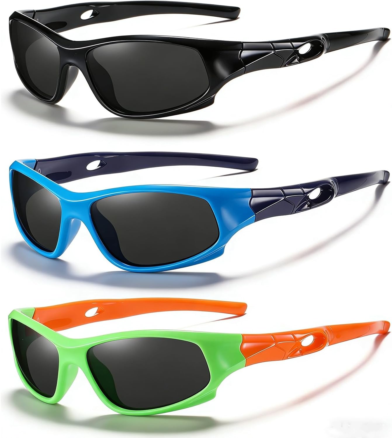 3-Pack flexible polarized sunglasses for boys (includes strap); suitable for ages 3–10