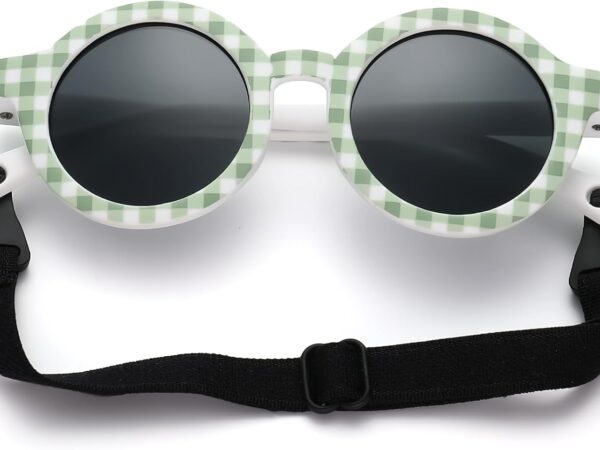 Polarized sunglasses for infants and toddlers (0–36 months); includes adjustable silicone strap; round frames; UV protection