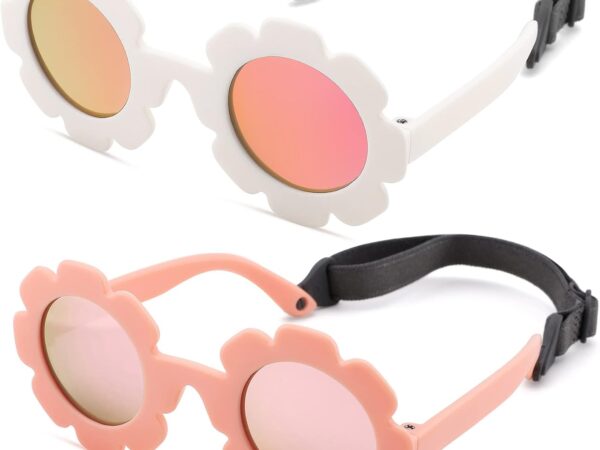 Flexible, bendable flower-shaped polarized sunglasses for infants (0–24 months; includes strap)