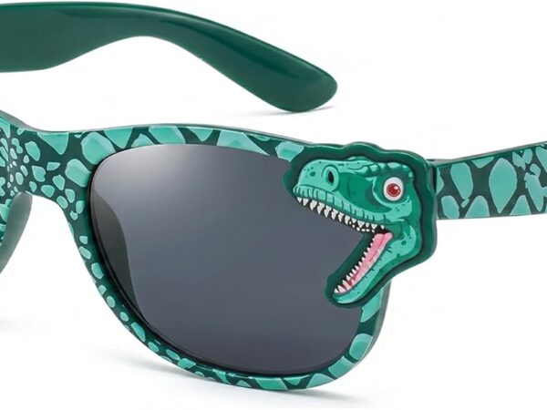 Dinosaur-themed sunglasses for boys; UV-protective; suitable for ages 3–10 for vacations, beach trips, and outdoor activities (including cycling)