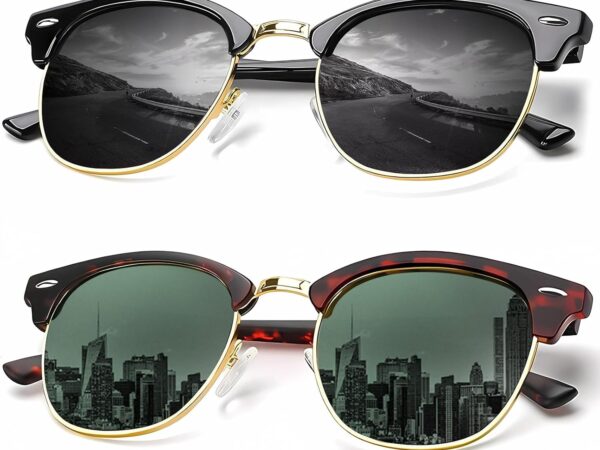 Polarized sunglasses (retro driving style, 100% UV protection, black frames with gray lenses)