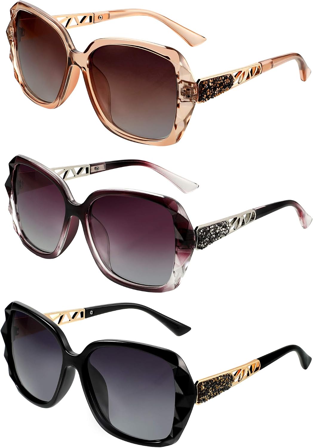 3 Pcs Women Oversized Sunglasses Rhinestone
